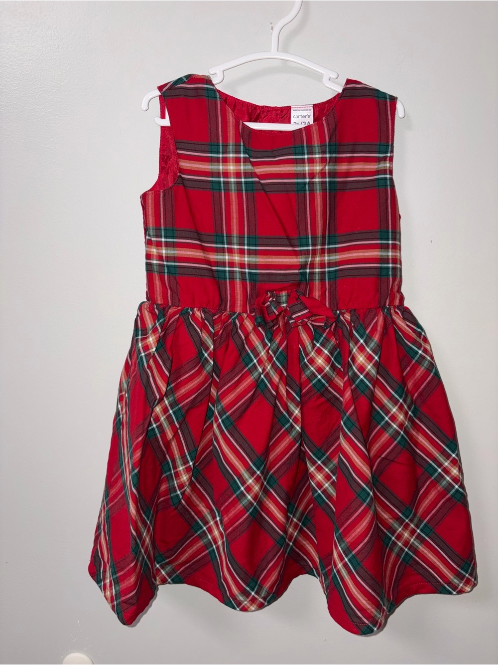 Carters Red Green Plaid Sleeveless Bow Accent Holiday Christmas Party Dress 3T